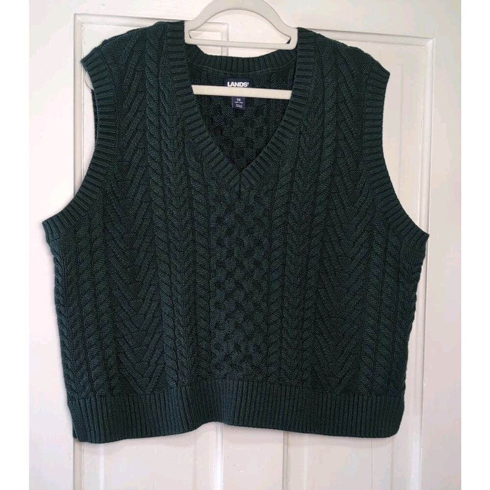 Lands' End Cropped V Neck Sweater Vest Chunky Cotton Cable Knit Women's 1X(998)
